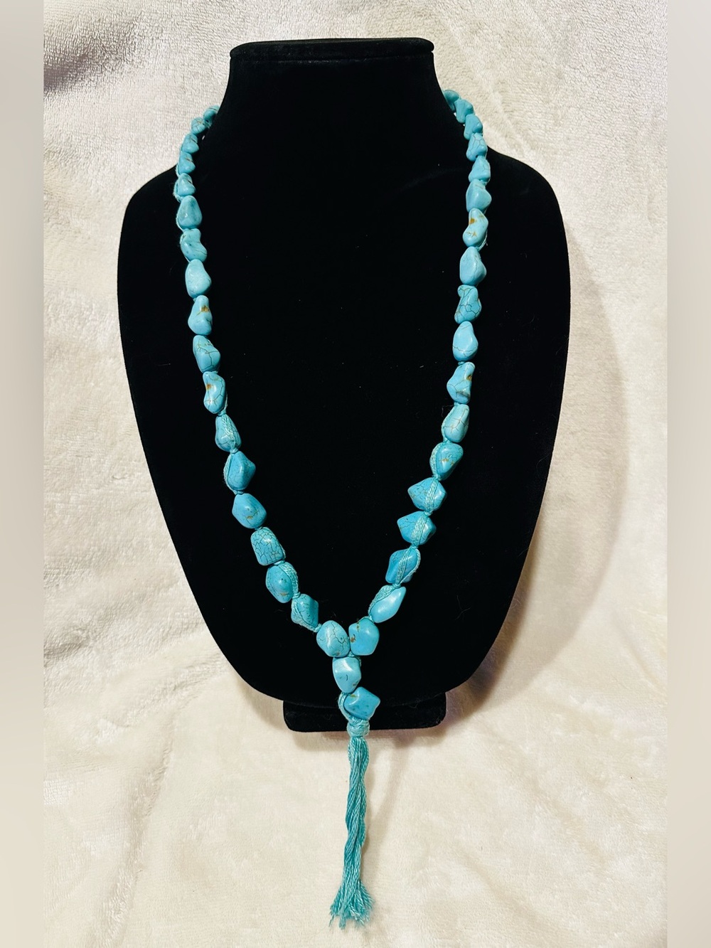 Lucky Brand Turquoise Stone Bead Necklace with Tassel Pendant Statement Bold Fun